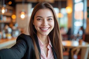 Portrait of Smiling Woman in Blazer and Pink Blouse in Cafe photo
