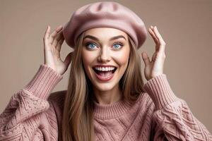 Portrait of Woman in Pink Beret and Sweater photo