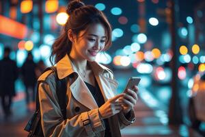 Young Woman Using Smartphone at Night in City Setting photo