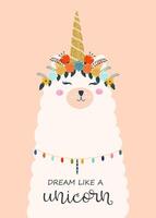 Dream like a unicorn cute card with unicorn llama vector