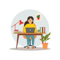 Student sitting at the desk, learning with computer. online learning, education, office work, school or university vector