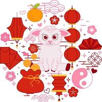 CNY sheep 2027 circle round composition typographic illustration of chinese new year traditional elements. graphic line illustration on transparent background vector