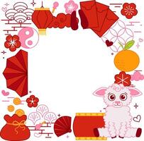 Happy Chinese new year 2027 sheep. Chinese new year circle frame template for show product. Greeting card. graphic line China frame with lantern on transparent background. vector