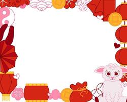 2027 Chinese new year of sheep rectangle template frame design. CNY related objects around. graphic line illustration vector