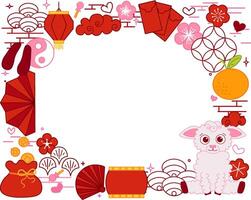 new year Chinese lantern festival 2027 sheep paper art style with hanging red lanterns. oval frame. graphic template for your text vector