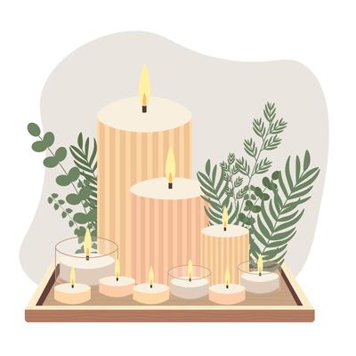 Scented candles on a wooden tray. Minimalistic flat illustration