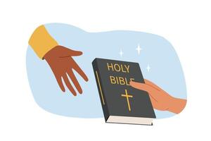 Holy bible in hand believer handing over book of prayers or gospel to another person for salvation vector