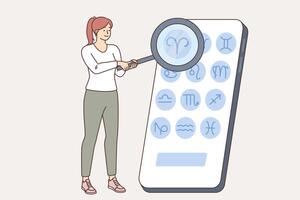 Woman uses mobile application with horoscope on phone, choosing own zodiac sign to find out forecast vector