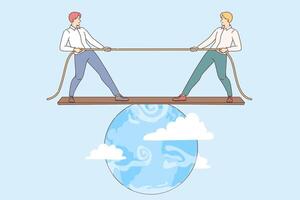 Geopolitical confrontation between two politicians tug of war standing on globe. vector