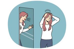 Woman is trying to restrain aggression, standing near mirror with angry reflection vector