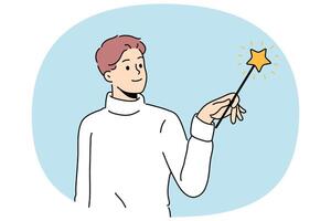 Man wizard uses fairy magic wand and casts enchanting spell during witchcraft or magic trick vector