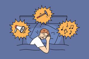 Noisy neighbors disturb sleep of irritated man lying in bed at night and in need of sleeping pills vector