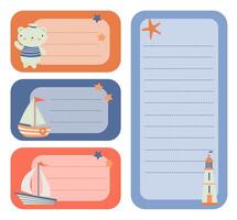 a set of marine-themed labels for children with ships and a lighthouse vector