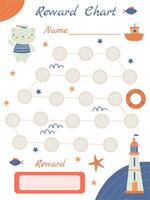 children's goal tracker reward with a marine theme with a bear and a lighthouse vector