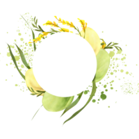 Springtime floral wreath with filed yellow flowers, colorful Easter eggs and watercolor splashes. Hand drawn festive banner for Happy Easter party invitation, greeting card design png