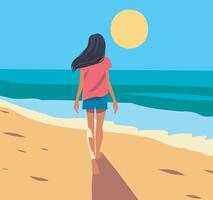 illustration of a graphic on the theme of tourism and recreation, flat style. Girl on vacation tourist on the beach. Walk along the seashore of the ocean vector