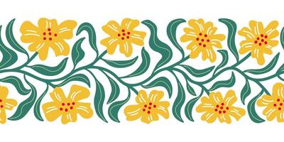 Trendy floral retro seamless border with spring flowers. Abstract blossom print in naive drawing style vector