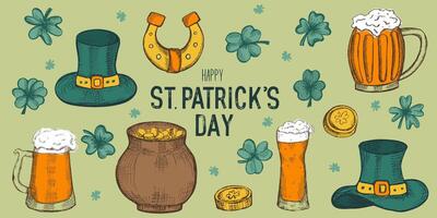 Set of retro hand drawn elements for Happy St Patrick's day. Clovers, leprechaun hat, beer mugs vector