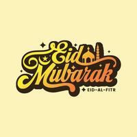 Eid Mubarak typography and calligraphy for Muslim holidays like Eid ul-Fitr and Eid al-Adha. Festive greeting card design featuring a hand drawn Eid logo with a moon and stars illustration. vector