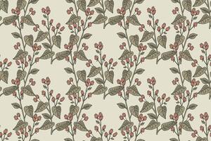 Botanical abstract seamless branch with leaves and berries pattern illustration. Repeating tree plant print in beie pastel colors. Graphic design for Wallpaper Wedding Cover Wrapping Textile vector