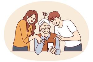 Elderly man learns to use phone and listens to advice of adult children teaching how to send SMS vector