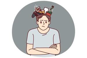 Angry man suffering from bad habits stands with garbage in head and looks at screen vector