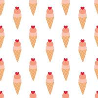 Seamless Pattern. Ice cream in waffle cone with heart. Valentine day sweet food vector