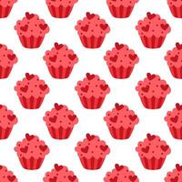 Seamless pattern with Red Valentine Day Cupcake with sprinkles. flat illustration. vector