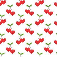 Seamless pattern. Cherries in form hearts, leaves with funny faces. Valentine day element. flat illustration. vector