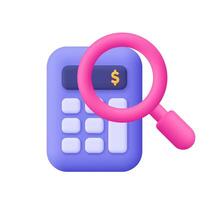 Calculator with magnifying glass loupe and dollar sign. Financial search and management, revenue calculation, accounting. 3d icon. Cartoon minimal style. vector