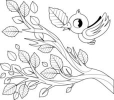 Cute bird in Autumn and tree branch with dry leaves. Fall season tree with fallen leaves and bird. Black and white coloring page vector