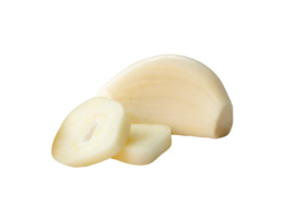 A small heap of peeled garlic cloves with slices isolated with clipping path in file format png