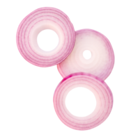 Three fresh red or purple onion rings or slices in stack isolated with clipping path in file format Top view png
