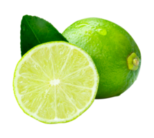 Single fresh green lemon fruit with half and green leaf in stack isolated on white background with clipping path in file format png
