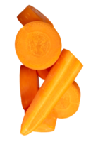 A heap of orange carrot slices or pieces in stick shape isolated with clipping path in file format png