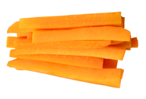 Orange carrot slices in stick shape in stack isolated with clipping path in file format Top view photo of carrot stick heap png