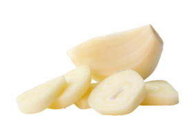 One white peeled garlic clove with slices in stack isolated with clipping path in file format png