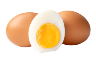 Two raw brown chicken eggs and cooked or boiled chicken egg with egg yolk in half in stack isolated with clipping path in file format png