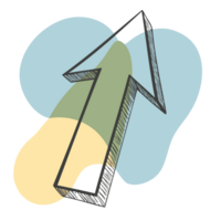 Hand drawn arrow illustration with shapes, colours, lines, transparent background, up 3d black lines png