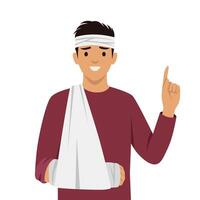 Man with a head bandage and his arm in a sling, pointing upward with a gesture of positivity. vector