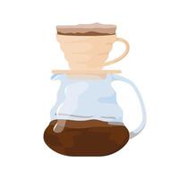 Pour-over and server set for filter coffee. Drip coffee brewing with vacuum coffee maker and filter seeping water. Flat illustration of pour over for website, banner or merchandise product vector
