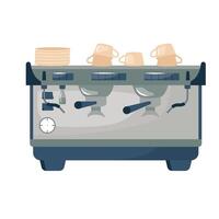 Professional coffee making machine for cafe. Commercial espresso maker, barista appliance. Brewing hot drinks device with portafilter, grinder and cups. Flat design element on white background. vector