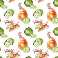 Citrus ripe fruits with juicy splash on watercolor seamless pattern isolated on white. Hand drawn bright summer plants bergamot and grapefruit in botanical sketch style for textile, package products. vector