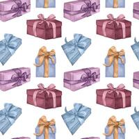 Holiday gift boxes in watercolor on seamless pattern isolated on white. Present boxes blue, pink and lavender with ribbons hand drawn. Repeating pattern for new year wrapping, birthday package vector