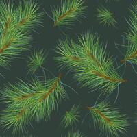 Christmas tree branches on seamless watercolor pattern isolated on dark. Pine botanical repeat background. Spruce tree branches for wrapping paper, fabric, wallpapers, and seasonal package vector