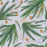 Christmas tree branches on seamless watercolor pattern isolated on blue. Botanical New Year background with coniferous and bells hand drawn. Pattern for wrapping paper, wallpapers, and package vector