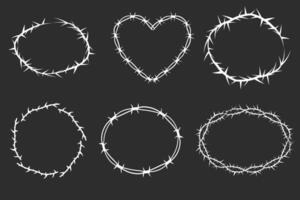 Thorn stem vine plant with spikes simple border frame oval y2k creepy branch. Barbed wire tattoo. Boundary frame. vector