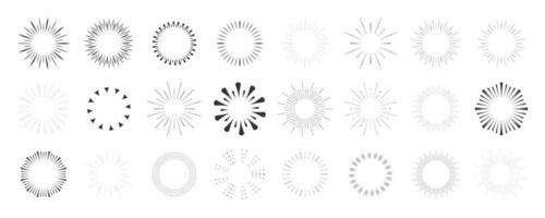 Set Fireworks, rays, sunburst frames circle border decoration, sparkle in doodle style, line sketch explosion isolated on white background. vector