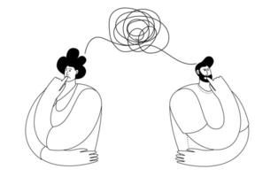 A woman and a man sit with their backs to each other and sort out their confused thoughts. vector
