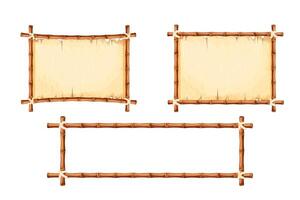 Set Bamboo frames with old parchment paper decorated with rope in cartoon style isolated on white background. Game ui board, sign vector